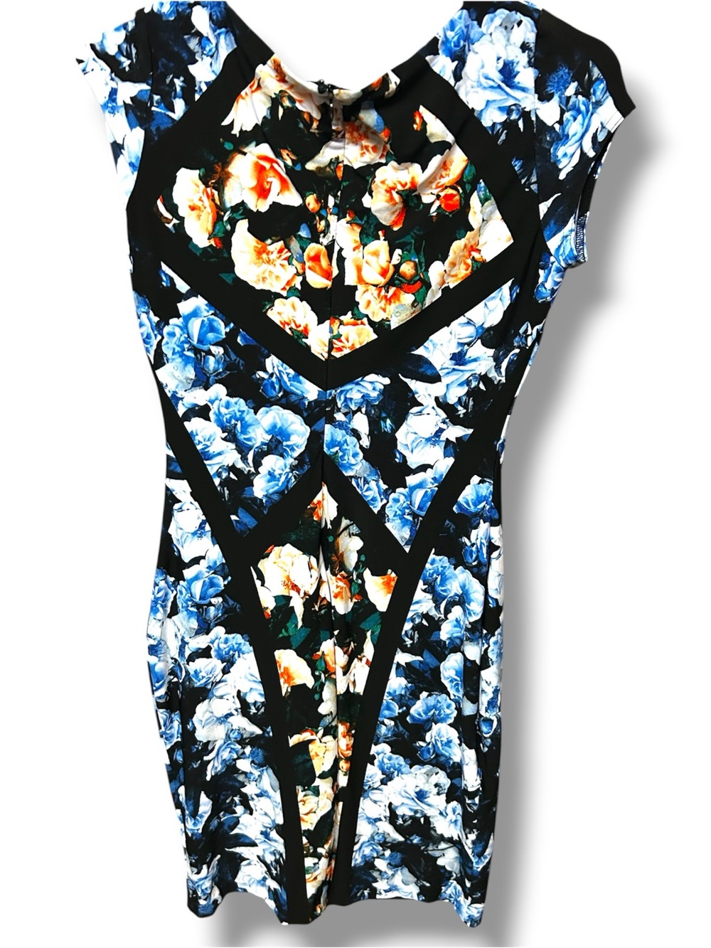 Cache Black Floral Sheath Dress with Blue and Orange Blooms